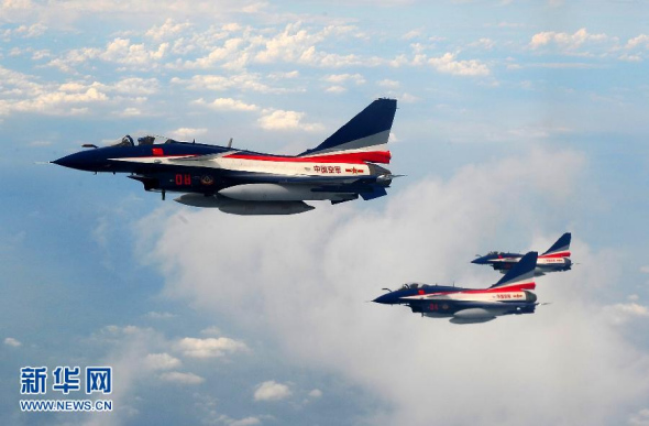 The Bayi Aerobatic Team of the Chinese People's Liberation Army (PLA) Air Force left Tianjin for Moscow on Sunday to stage its first overseas airshow with J-10 jet fighters. The team will join with its Russian counterpart at the 11th Moscow Airshow at the Ramenskoye Airport between August 27 and September 1. [Xinhua Photo]