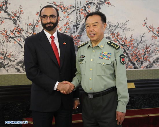 Fan Changlong (R), vice chairman of China's Central Military Commission, meets with Minister of State for Defense of the United Arab Emirates Mohammed Al-Bowardi in Beijing, capital of China, May 17, 2017. (Xinhua/Liu Fang)