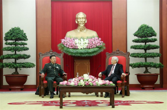 Fan Changlong (L), vice chairman of the Central Military Commission of China, meets with Nguyen Phu Trong, general secretary of the Central Committee of the Communist Party of Vietnam (CPV), in Hanoi, capital of Vietnam, June 18, 2017.(Xinhua/Li Xiaowei) 