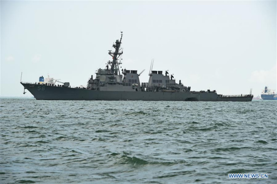 USS John S. McCain is seen at sea off Singapore's Changi Naval Base, on Aug. 21, 2017.(Xinhua/Then Chih Wey)