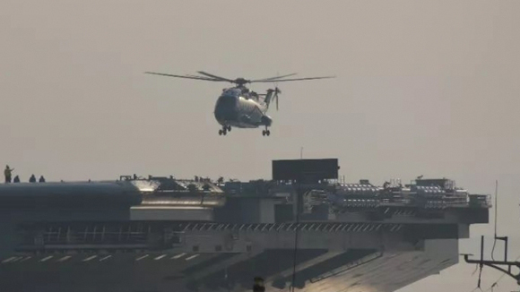A carrier-based Z-18 helicopter takes off from China's first domestically developed aircraft carrier in Dalian, in northeast China's Liaoning Province, May 5 2018. (Photo/Global Times Photo)