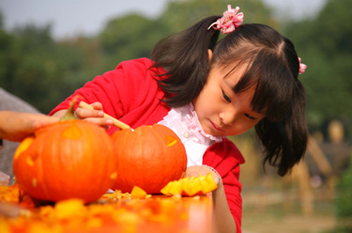 A girl carves a pumpkin lantern for Halloween at the Gulin Park in Nanjing, East China's Jiangsu province, Oct 28, 2012. [Photo/Asianewsphoto]