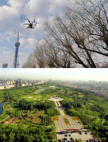 The combination photo shows an air vehicle flies over a park while taking aerial photos (above) and photos it took in Changchun, Northeast China's Jilin province, May 3, 2013. [Photo/Xinhua] 