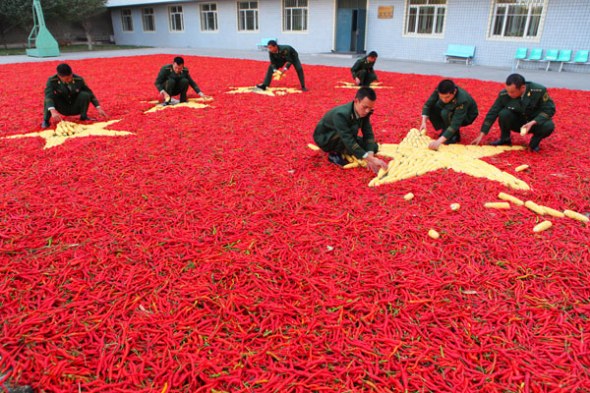 Students at a military school in Urumqi make a national flag with red peppers and corn, Sept 26, 2013. [Photo/Asianewsphoto]