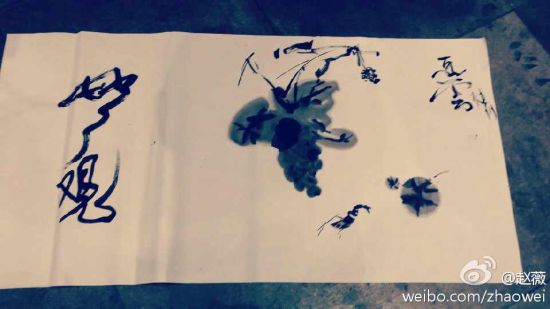 Chinese actress-turned-director Vicki Zhao posts on Sina Weibo (China's twitter) a collection of pictures on Jan. 8 showing she worked on traditional Chinese-style brushstroke painting with Alibaba's billionaire founder Jack Ma. [Photo: Sina Weibo]