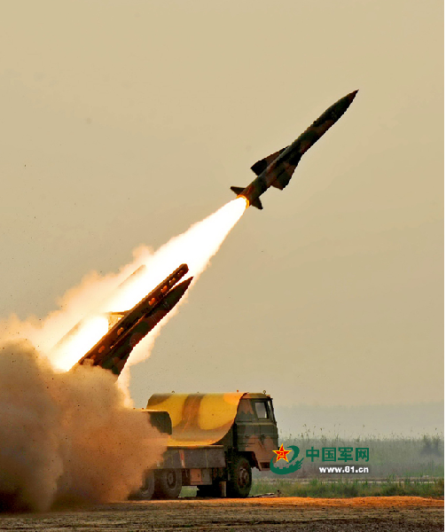 A guided missile brigade of the air force under the Chengdu Military Area Command (MAC) of the Chinese Peoples Liberation Army (PLA) participated in the live-ammunition tactical exercise in an area of the Bohai Strait on June 18, 2014. (Chinamil.com.cn/Zhang Hengping)