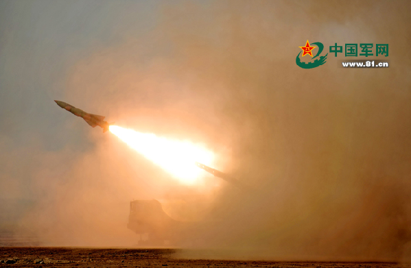 A guided missile brigade of the air force under the Chengdu Military Area Command (MAC) of the Chinese Peoples Liberation Army (PLA) participated in the live-ammunition tactical exercise in an area of the Bohai Strait on June 18, 2014. (Chinamil.com.cn/Zhang Hengping)