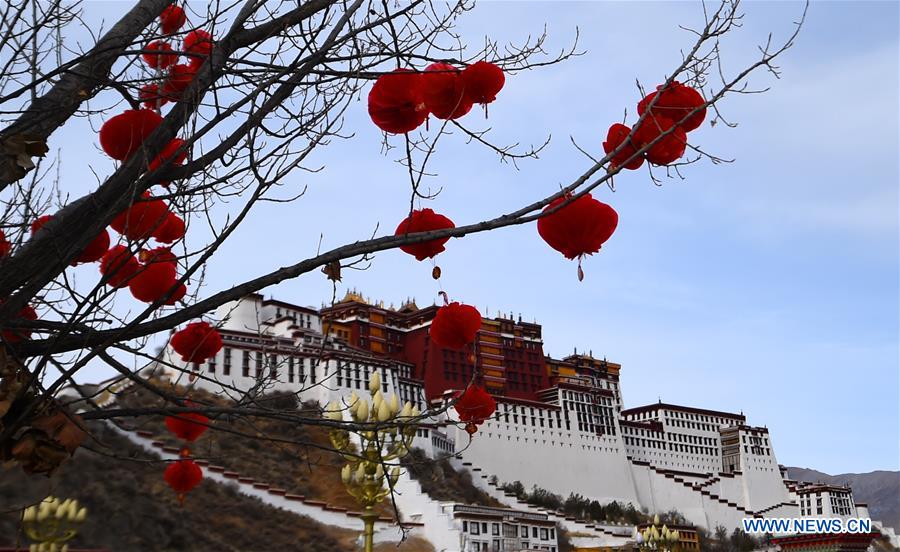 Decorations seen in front of Potala Palace to greet Spring Festival, Tibetan New Year