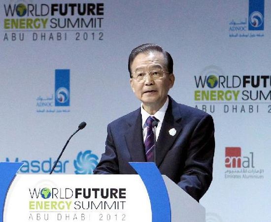 Chinese Premier Wen Jiabao addresses the opening ceremony of the fifth World Future Energy Summit in Abu Dhabi, the United Arab Emirates, Jan. 16, 2012. [Xinhua]