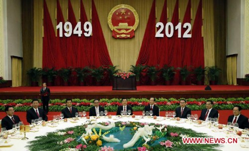 Chinese top leaders Hu Jintao, Wu Bangguo, Wen Jiabao, Jia Qinglin, Li Changchun, Xi Jinping, Li Keqiang, He Guoqiang and Zhou Yongkang attend a reception marking the 63rd anniversary of the founding of the People's Republic of China at the Great Hall of the People in Beijing, capital of China, Sept. 29, 2012. (Xinhua/Ju Ping)