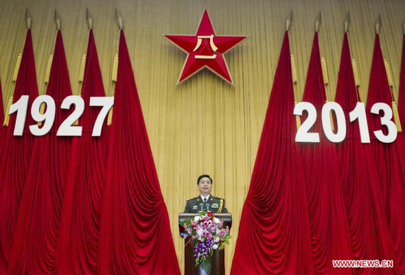 Chinese Defense Minister Chang Wanquan addresses a reception held by China's Ministry of Defense to celebrate the 86th anniversary of the establishment of the People's Liberation Army (PLA) at the Great Hall of the People in Beijing, capital of China, July 31, 2013. (Xinhua/Wang Ye) 