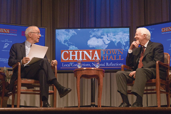 Jimmy Carter (right), former US president, discusses US-China relations with Stephen Orlins, president of the National Committee on US-China Relations during a China Town Hall event at the Carter Center in Atlanta on Thursday evening. Provided by Carter Center