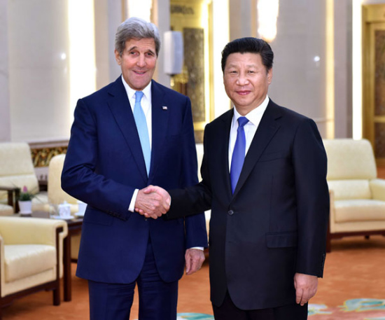 Chinese President Xi Jinping (R) meets with US Secretary of State John Kerry at the Great Hall of the People in Beijng, capital of China, May 17, 2015. (Photo/Xinhua)