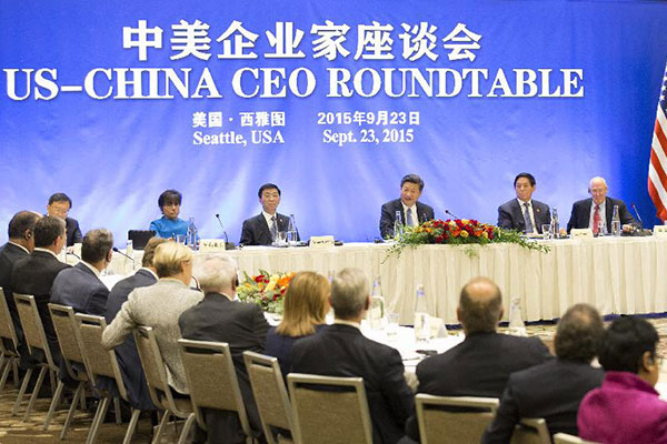 Chinese President Xi Jinping speaks at a China-US CEO roundtable discussion in Seattle, the United States, Sept 23, 2015. (Photo/Xinhua)