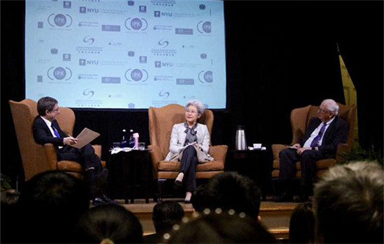 Fu Ying (middle) at a China-US forum on Thursday held by New York University (NYU) and the China-US Exchange Foundation at the NYU Law School.(Photo by Hezi Jiang with chinadaily.com.cn)