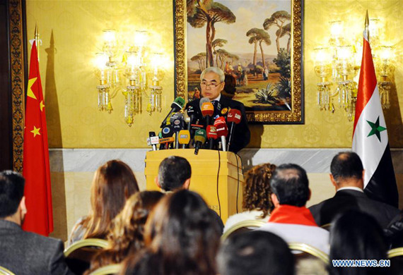 Xie Xiaoyan, Special Envoy of the Chinese Government on Syrian issue, speaks during a press conference in Damascus, Syria, Dec. 8, 2016.  (Photo: Xinhua/Ammar Safarjalani)