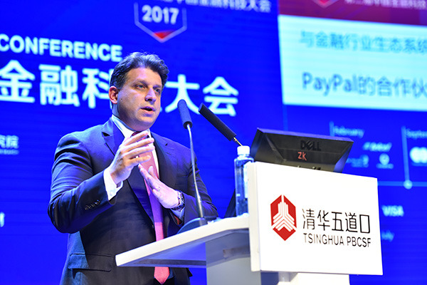 Aaron Karczmer, executive vice-president of Paypal makes a speech on the 2nd China Fintech Conference Agenda held in Beijing on Sept 17, 2017.(Photo provided to chinadaily.com.cn)